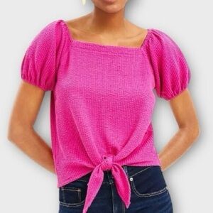 LOFT Fuchsia Puff Sleeve Tie-Front Blouse